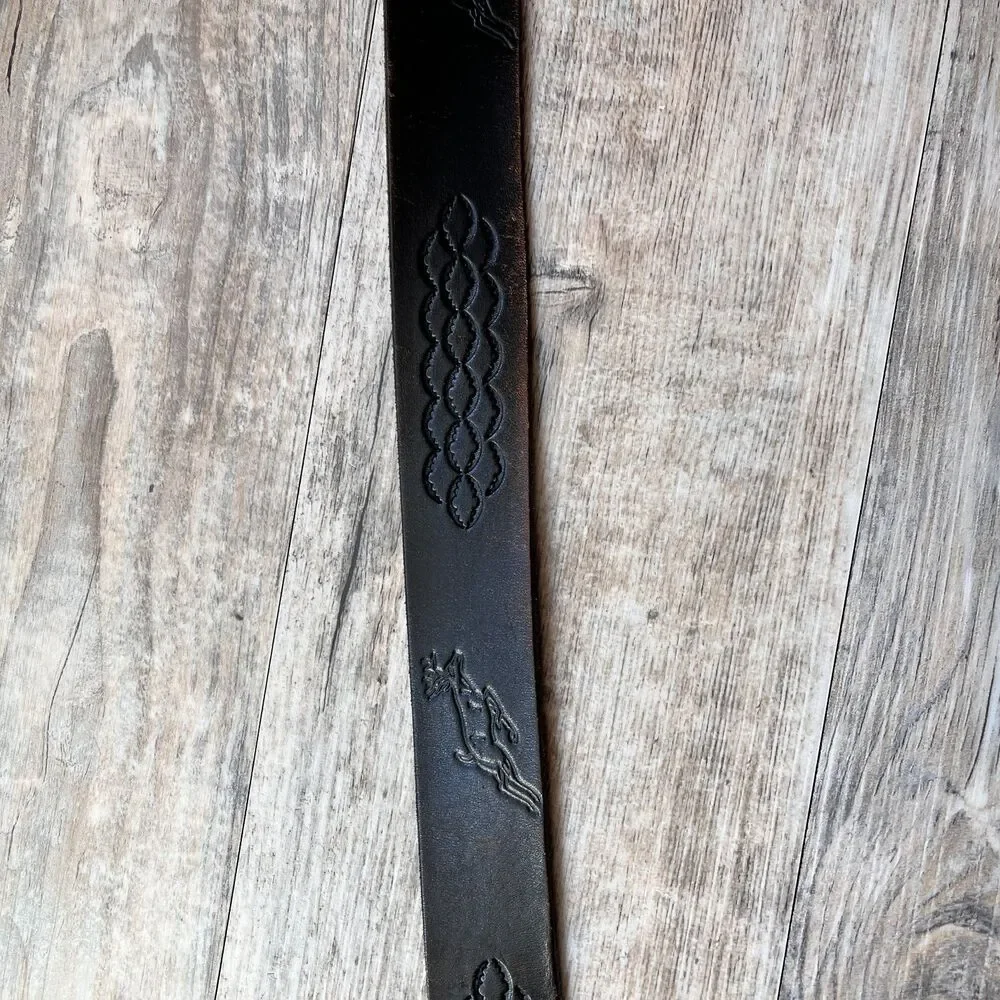 Vintage Leather Belt Deer Motif Tooled Western Dark Brown Size 44 Brass Buckle
